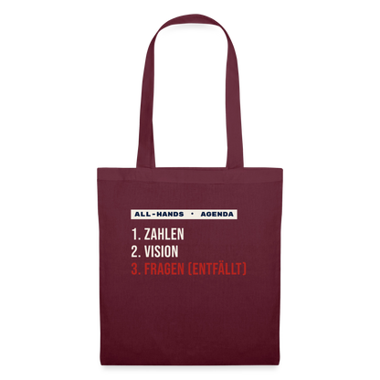 All-Hands-Agenda: 1 Zahlen, 2 Vision, 3 Fragen (entfällt) Stoffbeutel, Farbe Burgunderrot