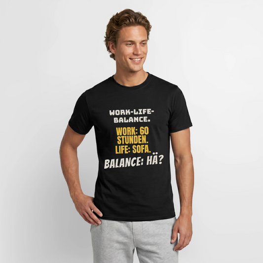 "Balance: hä?" Motiv-T-Shirt für Männer, Farbe Schwarz, Model
