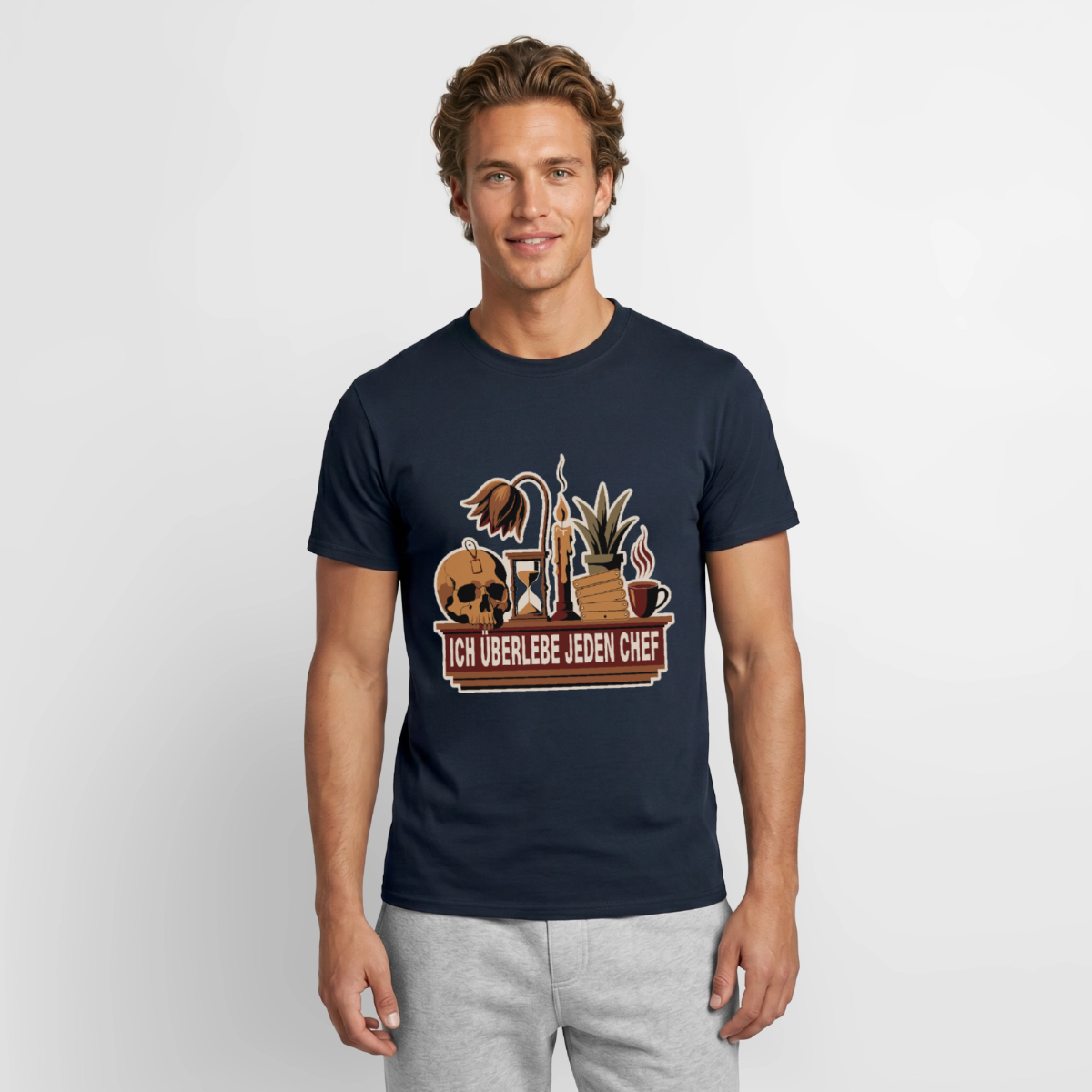 Ich überlebe jeden Chef. Motiv-T-Shirt für Männer, Farbe Navy, Model
