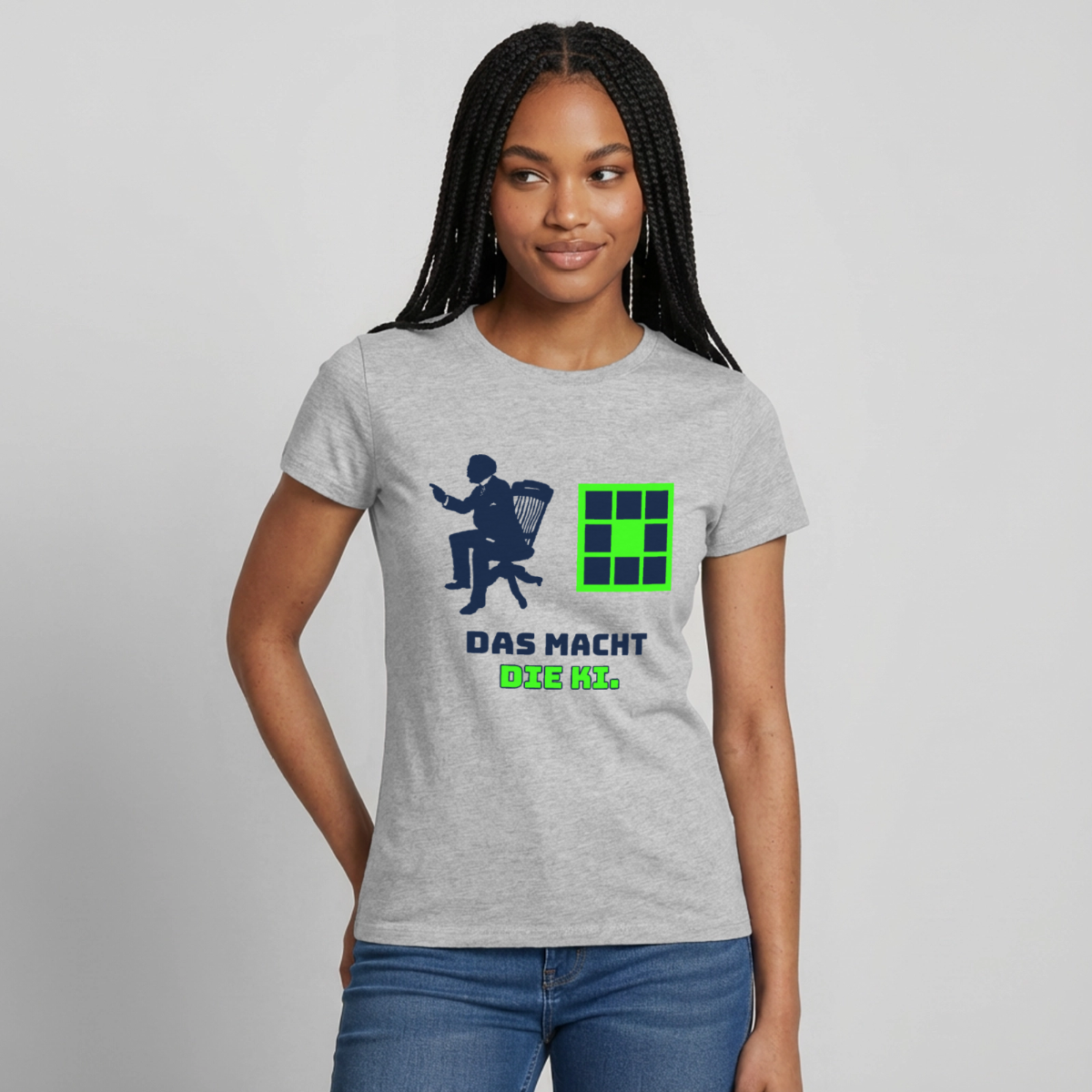 Das macht die KI. Motiv-T-Shirt für Frauen, Farbe Grau meliert, Model