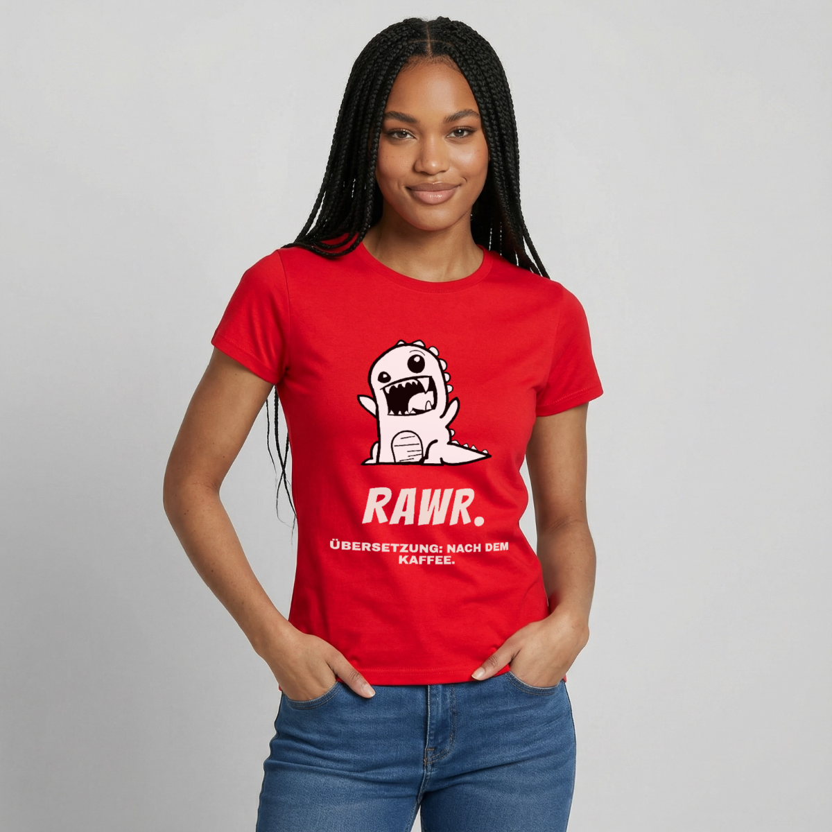 "Rawr. Übersetzung: nach dem Kaffee." Motiv-T-Shirt für Frauen, Farbe Rot