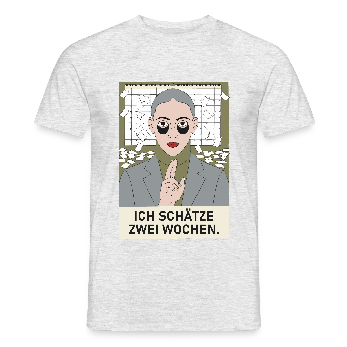 Ich schätze zwei Wochen. Porträt-Motiv Motiv-T-Shirt für Männer, Farbe Grau meliert