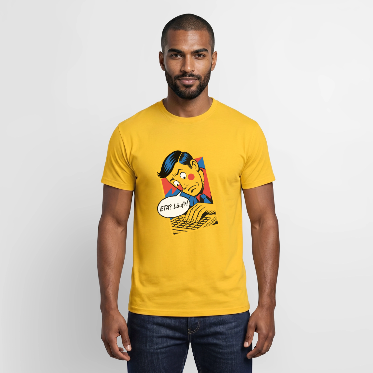"ETA? Läuft! Popart-Motiv" Motiv-T-Shirt für Männer, Farbe Gelb