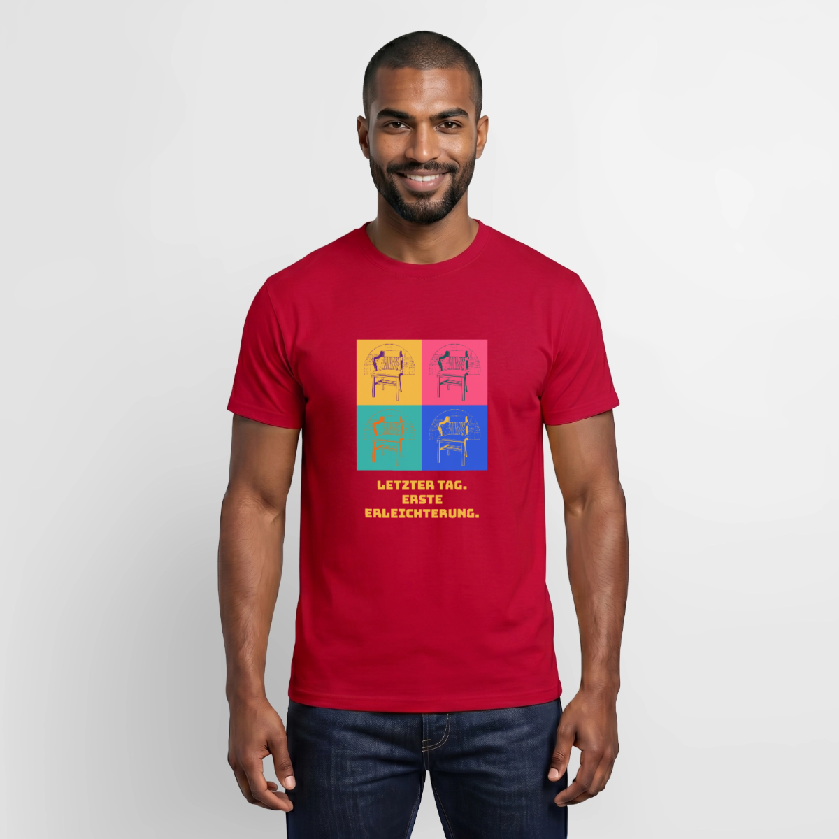 "Letzter Tag. Erste Erleichterung. Popart-Motiv" Motiv-T-Shirt für Männer, Farbe Rot