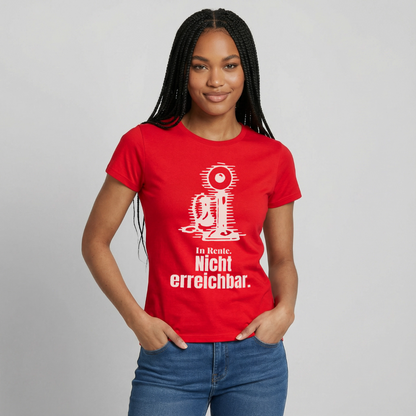 "In Rente. Nicht erreichbar. Strichzeichnung" Motiv-T-Shirt für Frauen, Farbe Rot