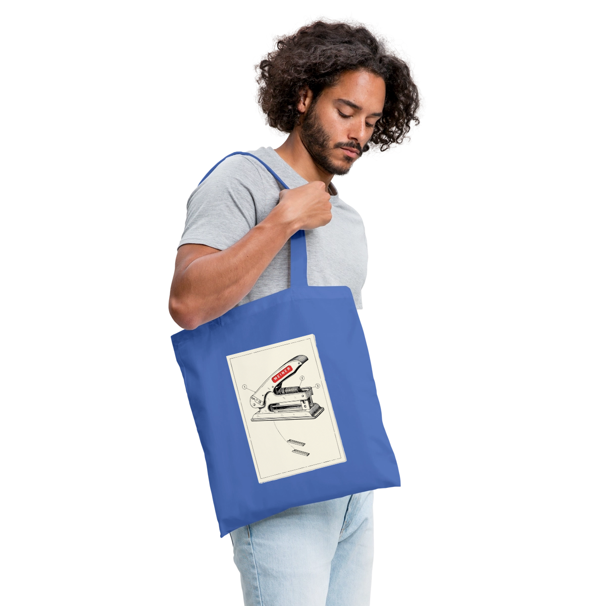 Meiner. Der Tacker kommt mit. Stoffbeutel, Farbe Hellblau, Model