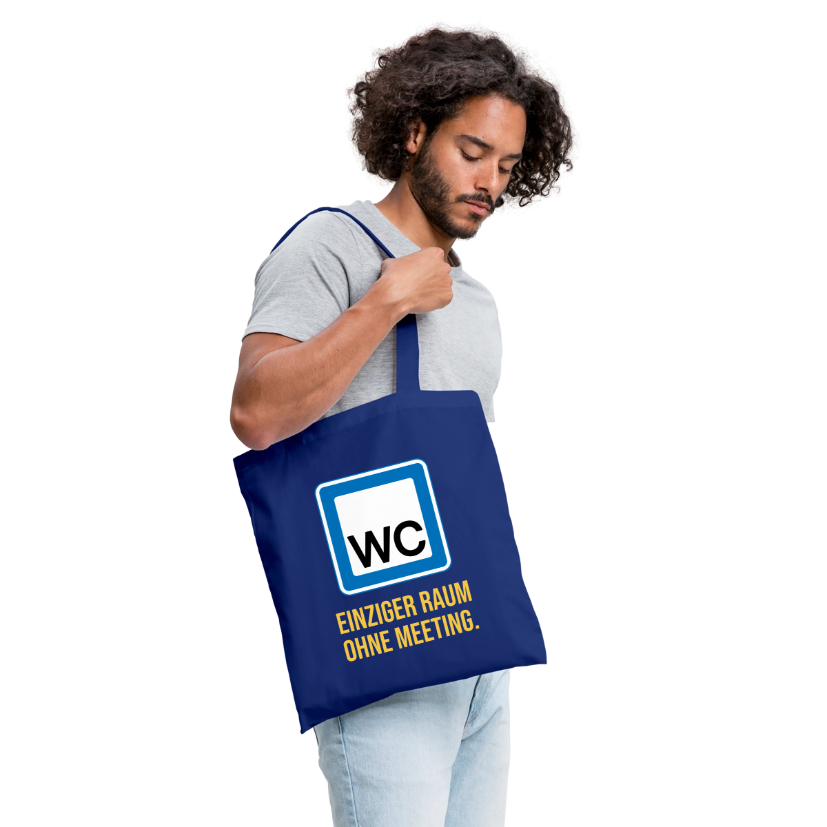 "WC: einziger Raum ohne Meeting. Schild-Motiv" Stoffbeutel, Farbe Royalblau
