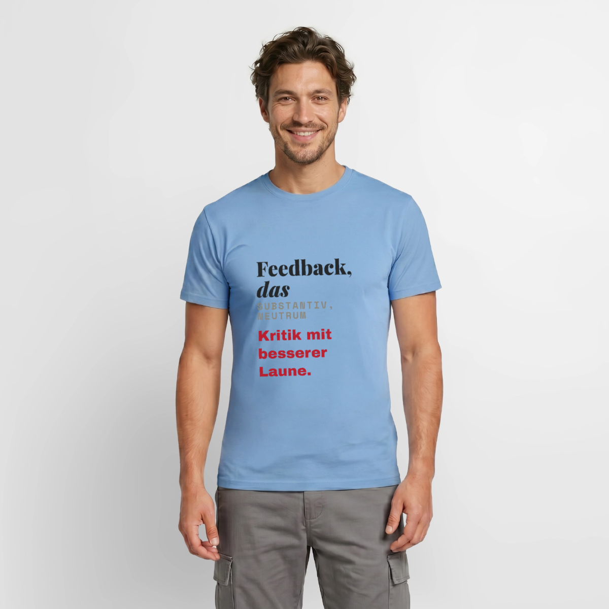 Feedback, das: Kritik mit besserer Laune. Motiv-T-Shirt für Männer, Farbe Carolina Blue, Model