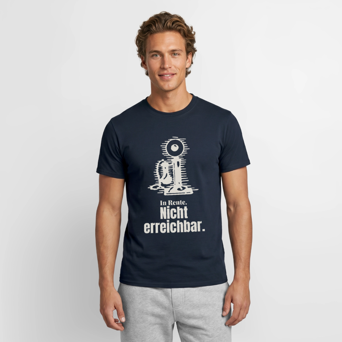 In Rente. Nicht erreichbar. Strichzeichnung Motiv-T-Shirt für Männer, Farbe Navy, Model