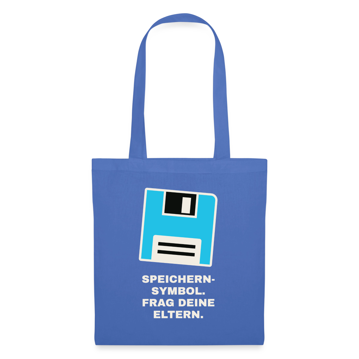 Speichern-Symbol. Frag deine Eltern. Stoffbeutel, Farbe Hellblau