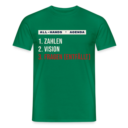 All-Hands-Agenda: 1 Zahlen, 2 Vision, 3 Fragen (entfällt) Motiv-T-Shirt für Männer, Farbe Kelly Green