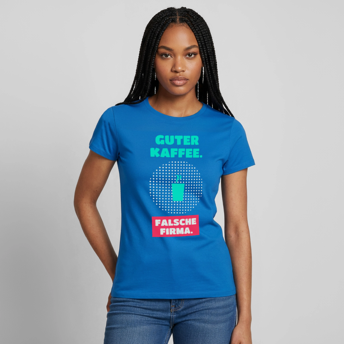 "Guter Kaffee. Falsche Firma." Motiv-T-Shirt für Frauen, Farbe Royalblau