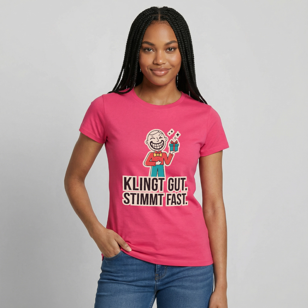 Klingt gut. Stimmt fast. Motiv-T-Shirt für Frauen, Farbe Azalea, Model