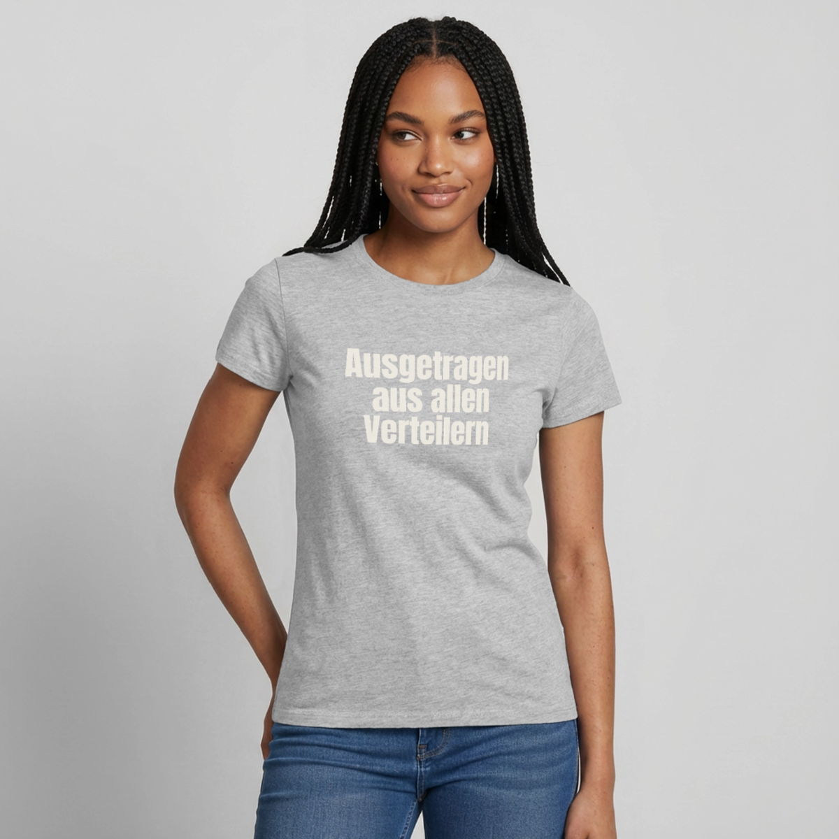 "Ausgetragen aus allen Verteilern" Motiv-T-Shirt für Frauen, Farbe Grau meliert