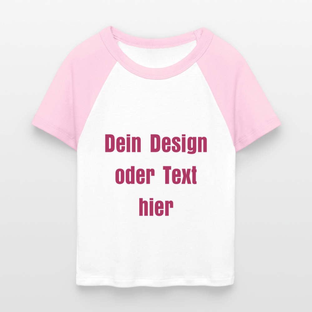 Frauen Cropped Baseball T-Shirt - personalisierbare Vorder- und Rückseite - Weiß/Pink