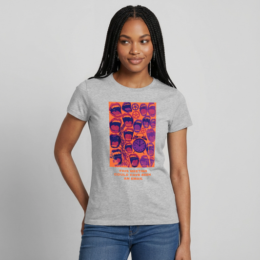 This meeting could have been an email. Popart-Motiv Motiv-T-Shirt für Frauen, Farbe Grau meliert, Model