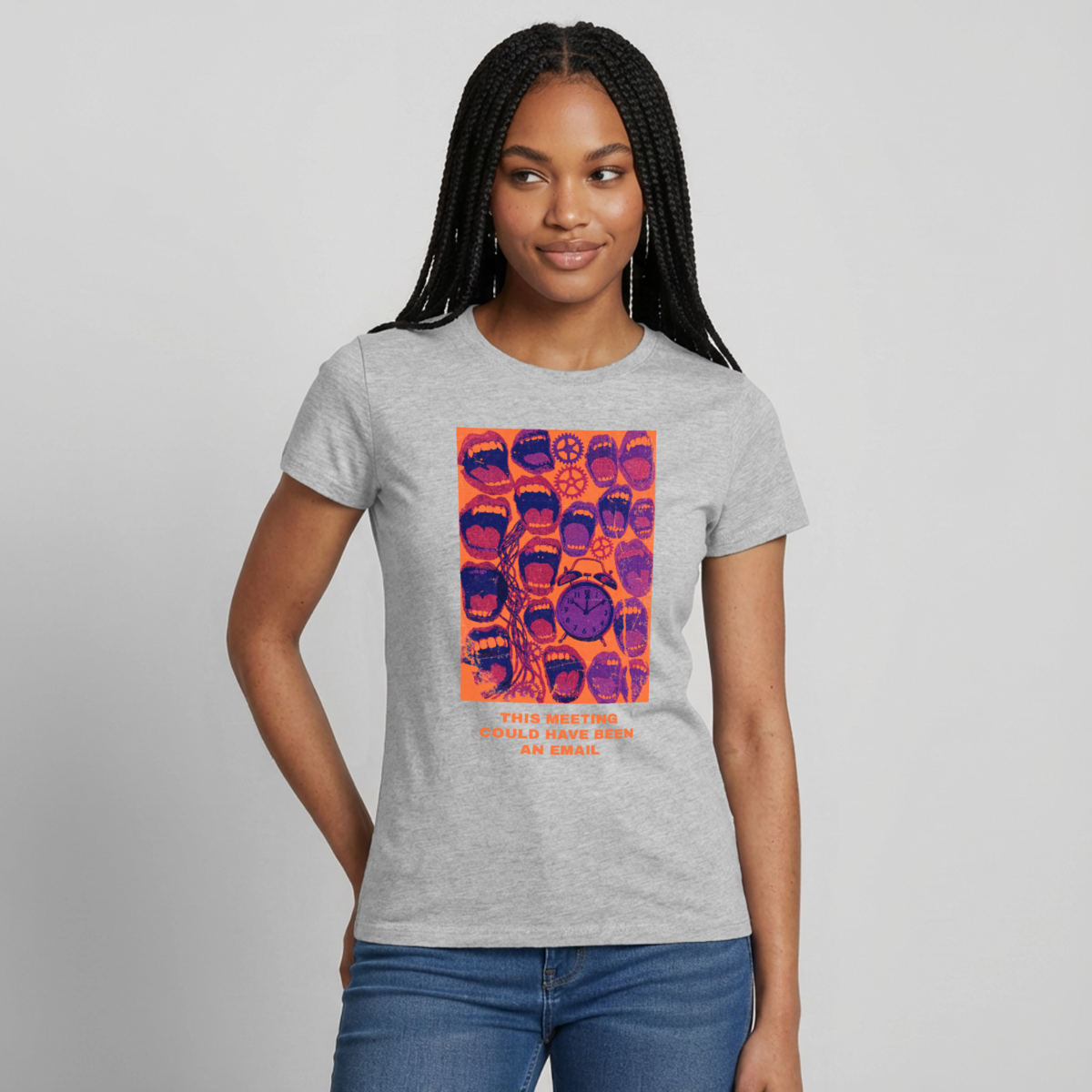 This meeting could have been an email. Popart-Motiv Motiv-T-Shirt für Frauen, Farbe Grau meliert, Model