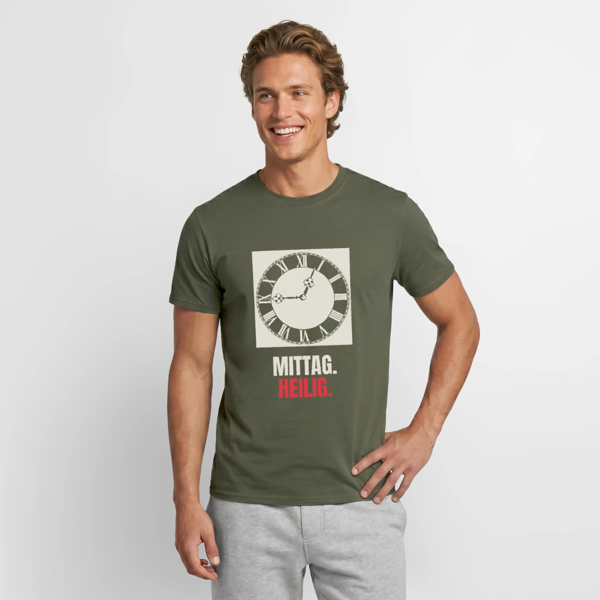 "Mittag. Heilig." Motiv-T-Shirt für Männer, Farbe Militärgrün