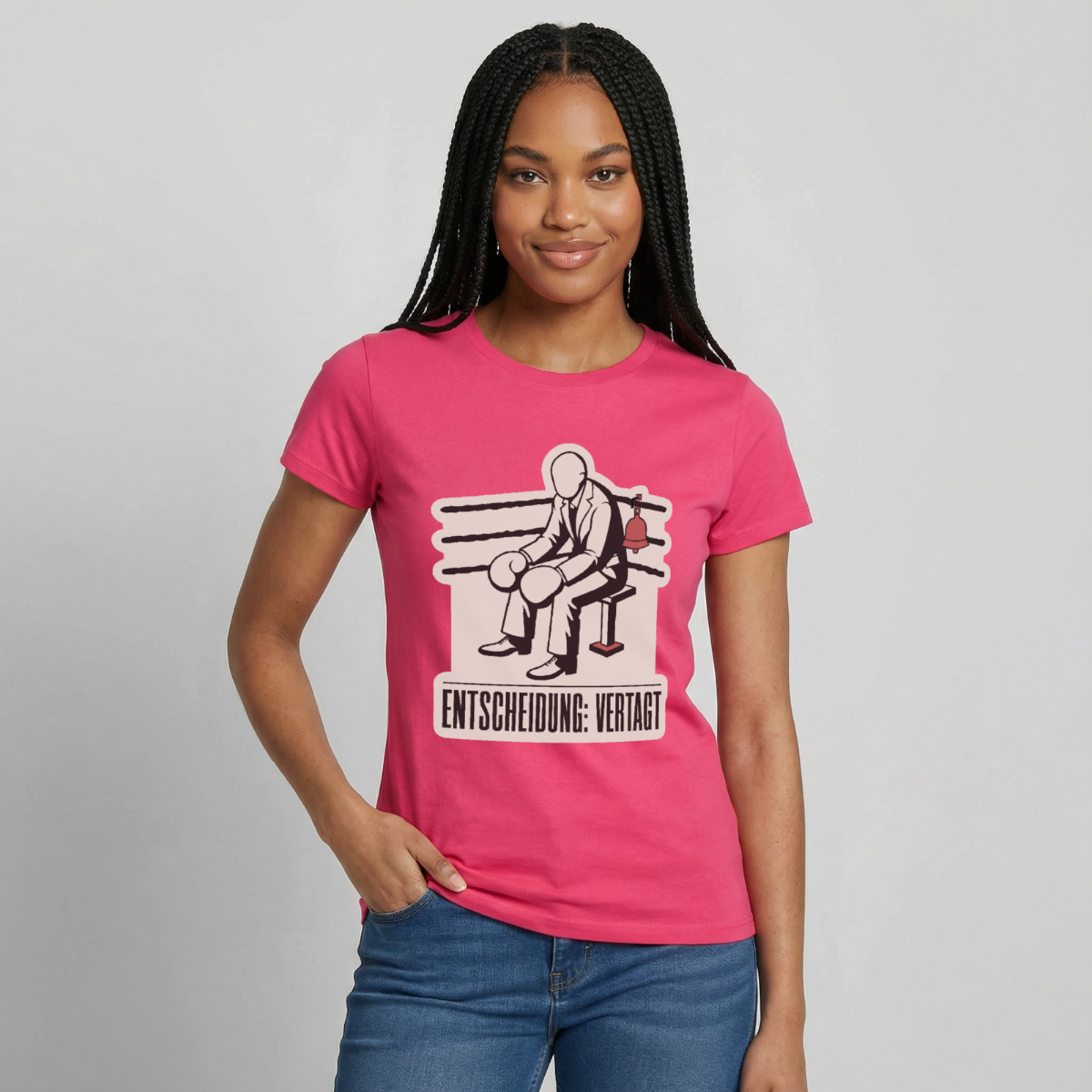 "Entscheidung: vertagt. Boxplakat-Motiv" Motiv-T-Shirt für Frauen, Farbe Azalea
