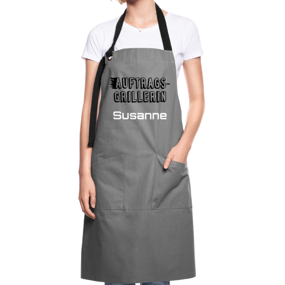 Kontrastschürze "Auftragsgrillerin" für Sie - personalisierbarer Name oder Text - Grau/Schwarz