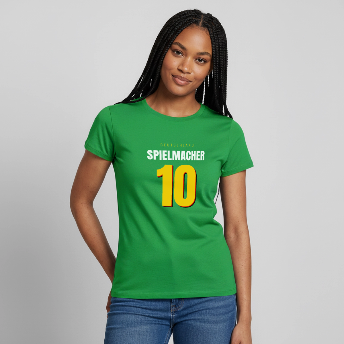 Spielmacher. Trikotnummer-Motiv Motiv-T-Shirt für Frauen, Farbe Kelly Green, Model