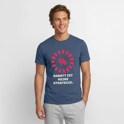 "Rabatt ist keine Strategie." Motiv-T-Shirt für Männer, Farbe Dunkles Denimblau