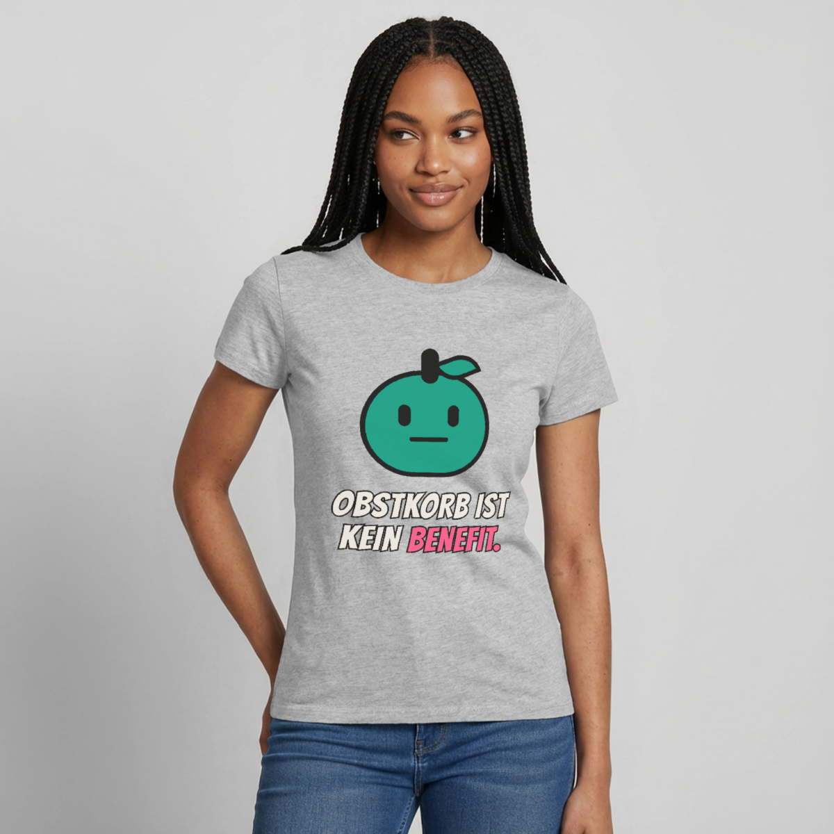 Obstkorb ist kein Benefit. Motiv-T-Shirt für Frauen, Farbe Grau meliert, Model