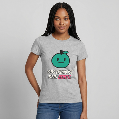 Obstkorb ist kein Benefit. Motiv-T-Shirt für Frauen, Farbe Grau meliert, Model