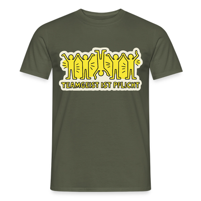 Teamgeist ist Pflicht. Pop-Art-Motiv Motiv-T-Shirt für Männer, Farbe Militärgrün