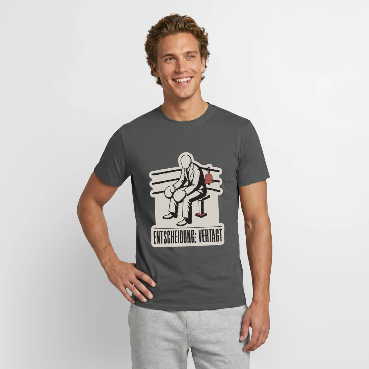 "Entscheidung: vertagt. Boxplakat-Motiv" Motiv-T-Shirt für Männer, Farbe Anthrazit
