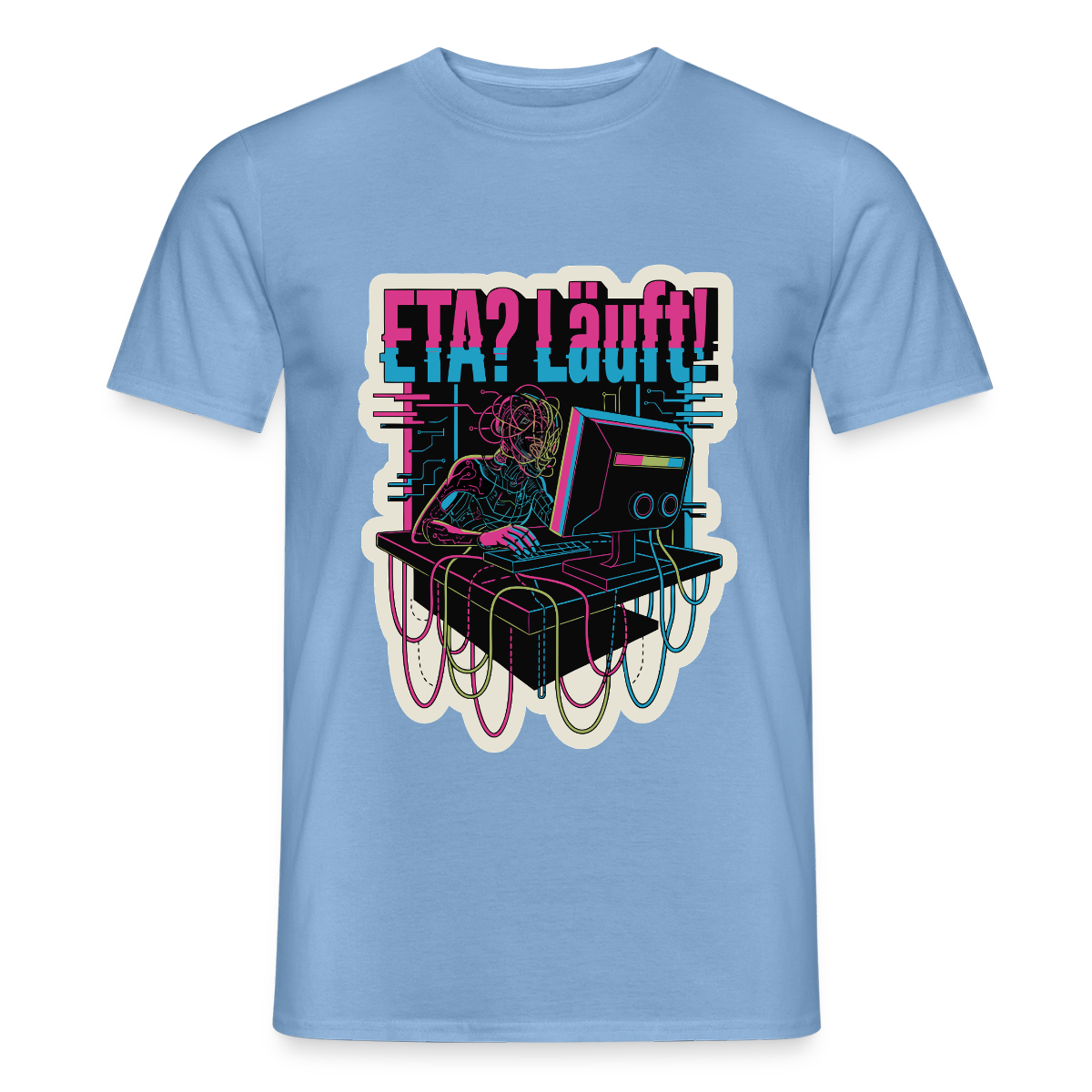 "ETA? Läuft! Cyberpunk-Motiv" Motiv-T-Shirt für Männer, Farbe Carolina Blue