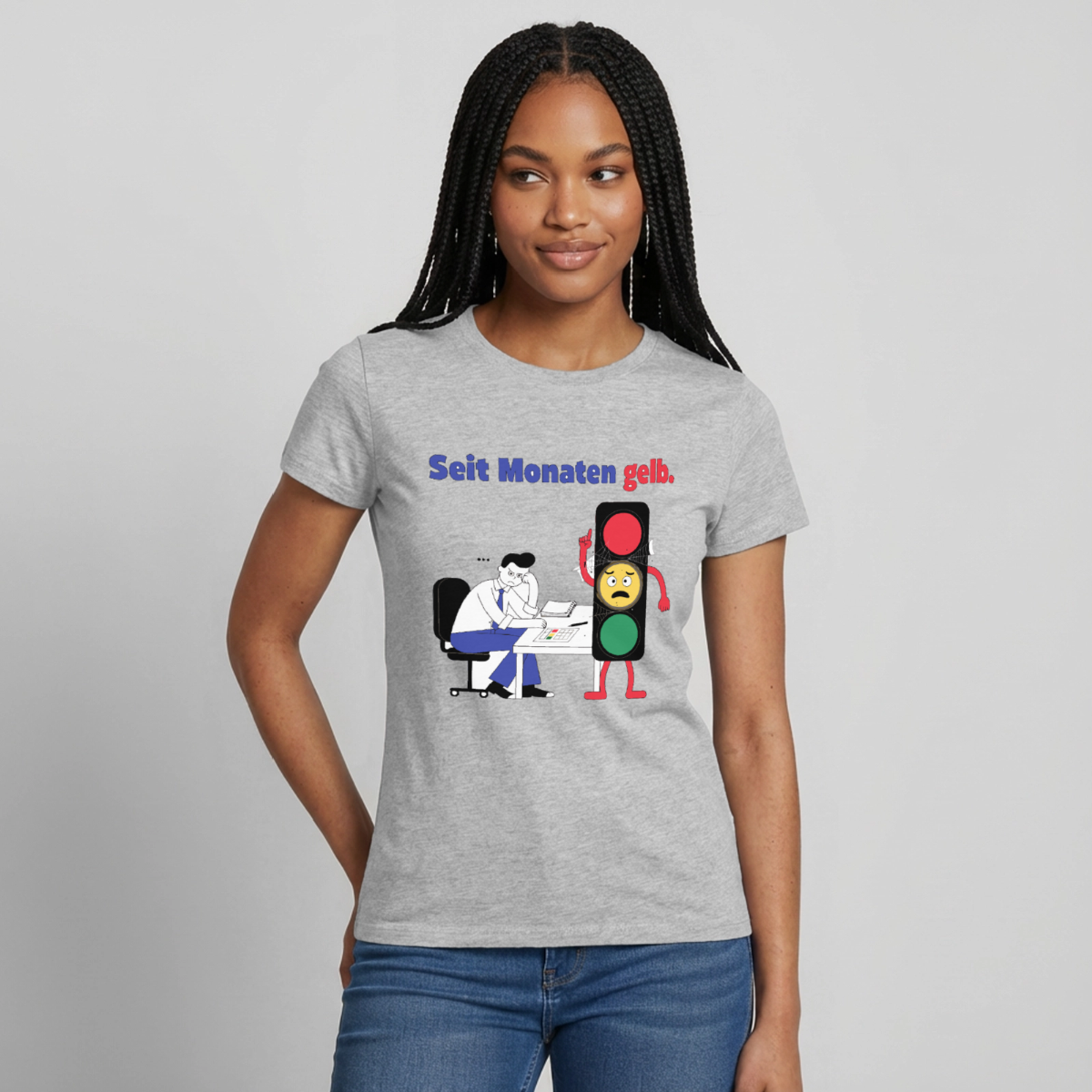 "Seit Monaten gelb. Ampel-Motiv" Motiv-T-Shirt für Frauen, Farbe Grau meliert