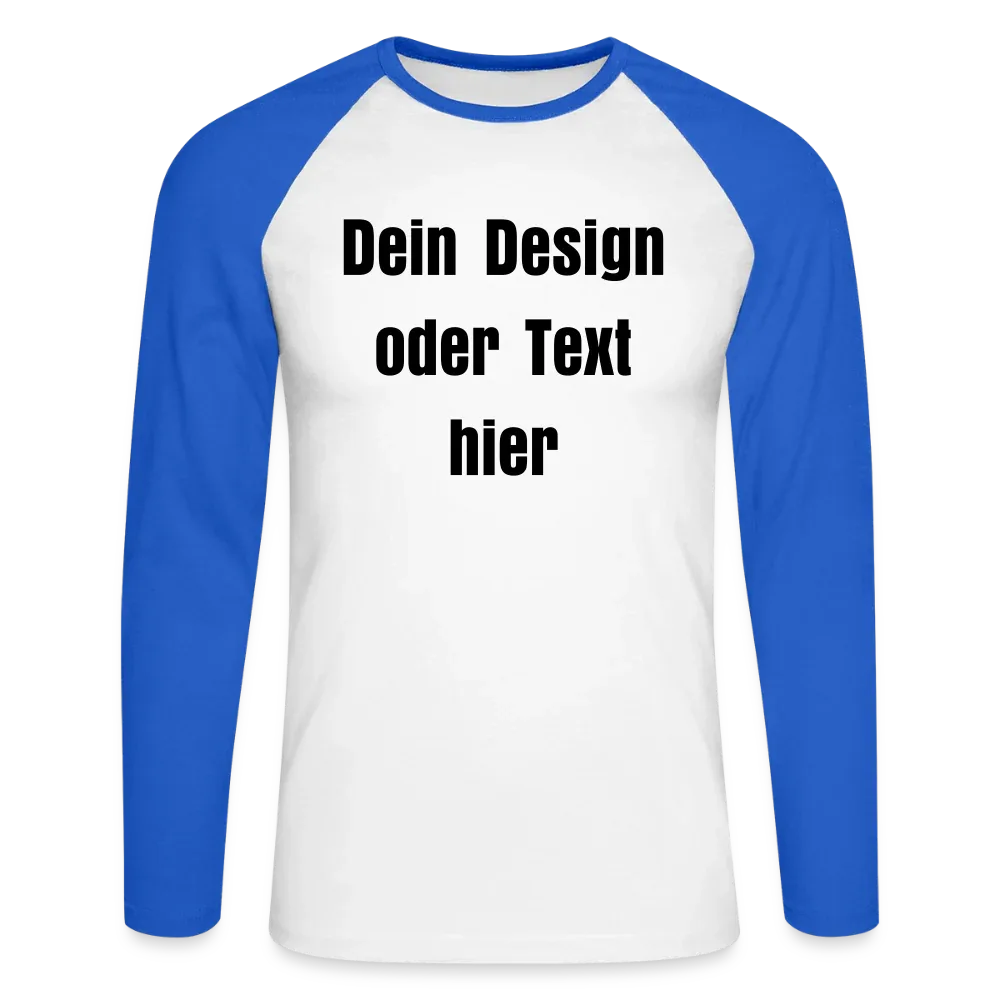 Männer Baseballshirt langarm - personalisierbare Vorder- und Rückseite - Weiß/Royalblau
