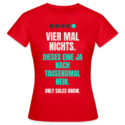 Vier Mal nichts. Dieses eine Ja nach tausendmal Nein. Motiv-T-Shirt für Frauen, Farbe Rot