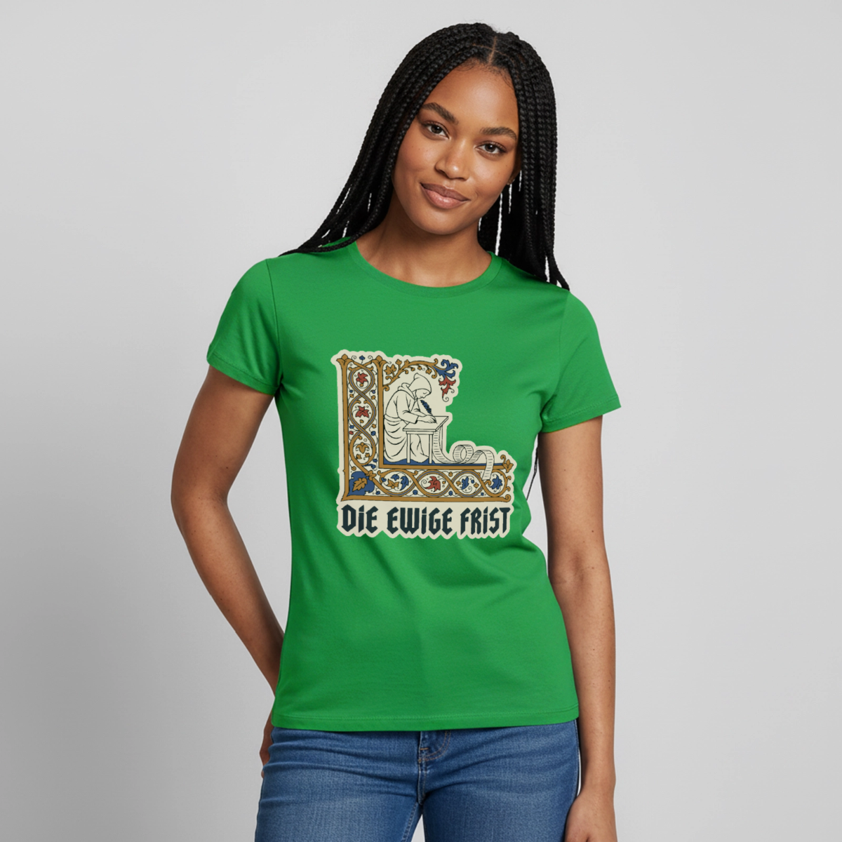 "Die ewige Frist. Buchmalerei-Motiv" Motiv-T-Shirt für Frauen, Farbe Kelly Green
