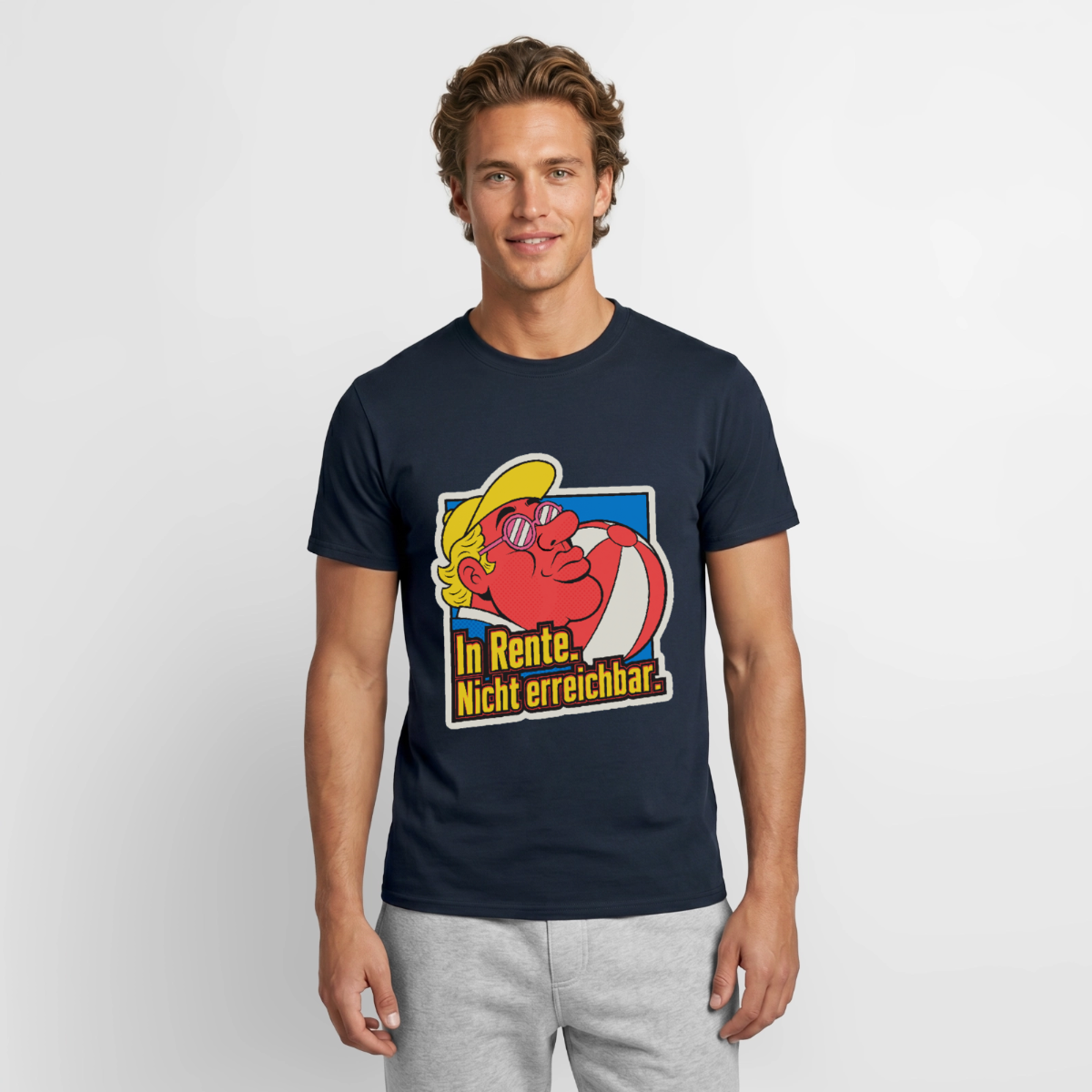 "In Rente. Nicht erreichbar. Popart-Motiv" Motiv-T-Shirt für Männer, Farbe Navy