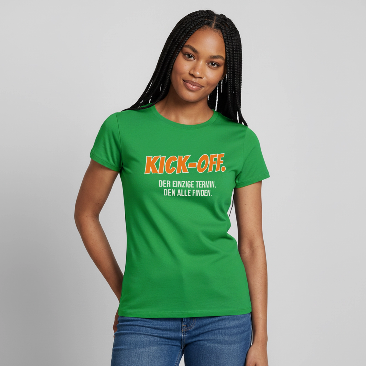 "Kick-off: der einzige Termin, den alle finden." Motiv-T-Shirt für Frauen, Farbe Kelly Green