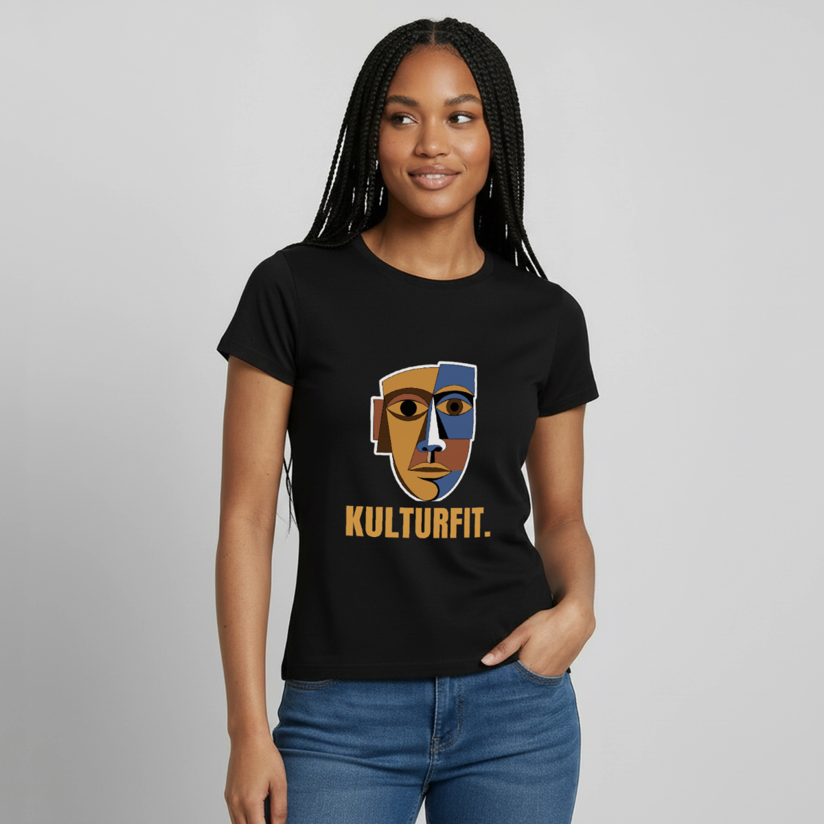 "Kulturfit. Kubismus-Motiv" Motiv-T-Shirt für Frauen, Farbe Schwarz, Model