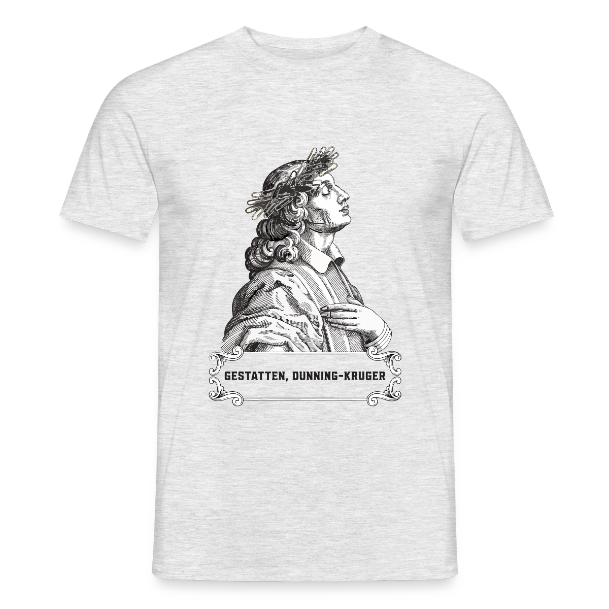 Gestatten, Dunning-Kruger. Kupferstich-Motiv Motiv-T-Shirt für Männer, Farbe Grau meliert, Model