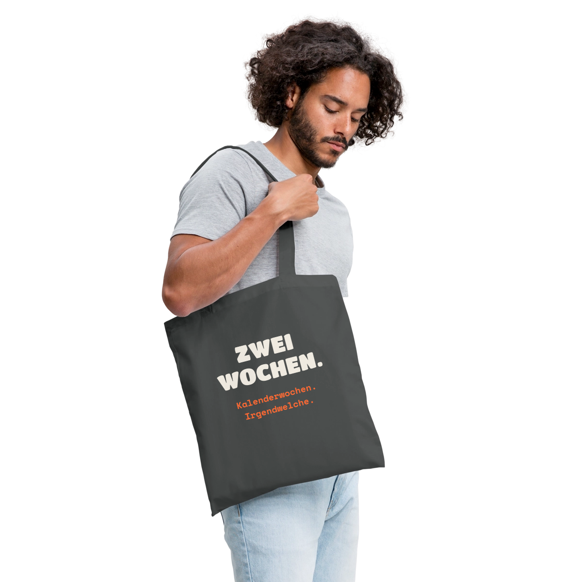 "Zwei Wochen. Kalenderwochen. Irgendwelche." Stoffbeutel, Farbe Graphite