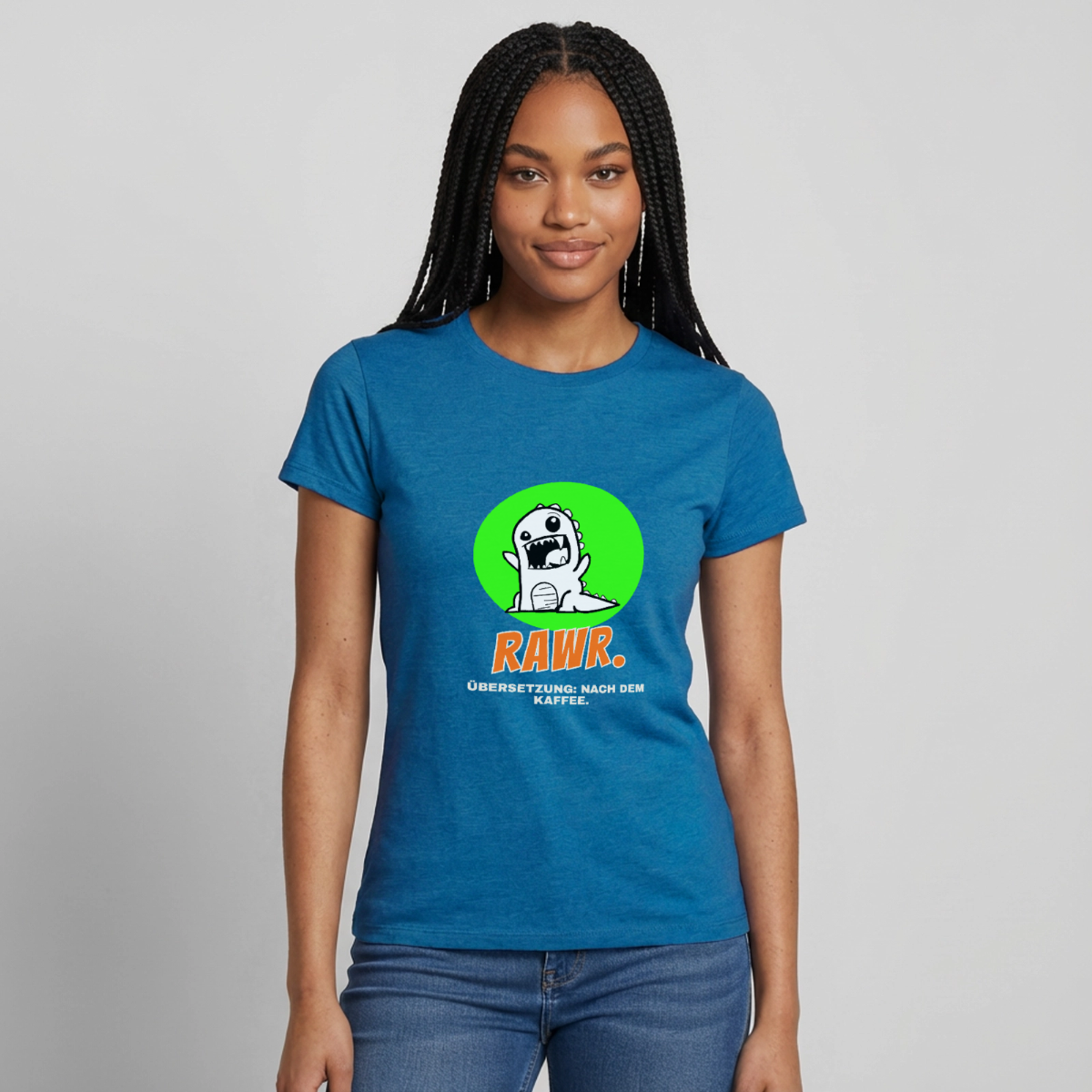 "Rawr. Übersetzung: nach dem Kaffee. Sticker-Motiv" Motiv-T-Shirt für Frauen, Farbe Antikblaues Saphir meliert