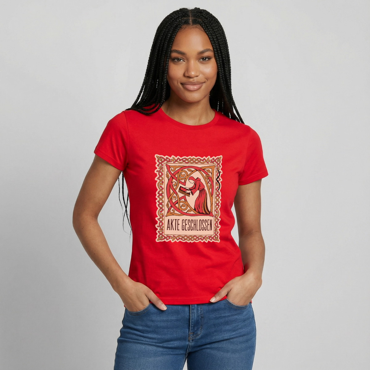 "Akte geschlossen. Buchmalerei-Motiv" Motiv-T-Shirt für Frauen, Farbe Rot