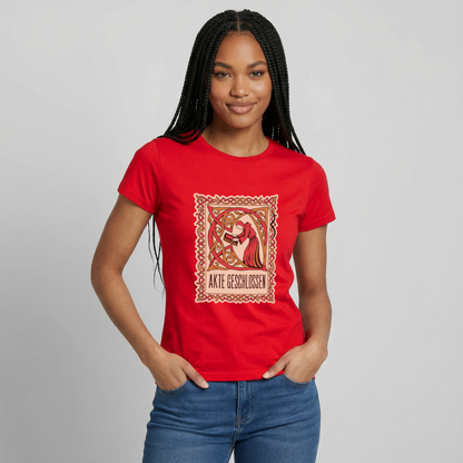 "Akte geschlossen. Buchmalerei-Motiv" Motiv-T-Shirt für Frauen, Farbe Rot