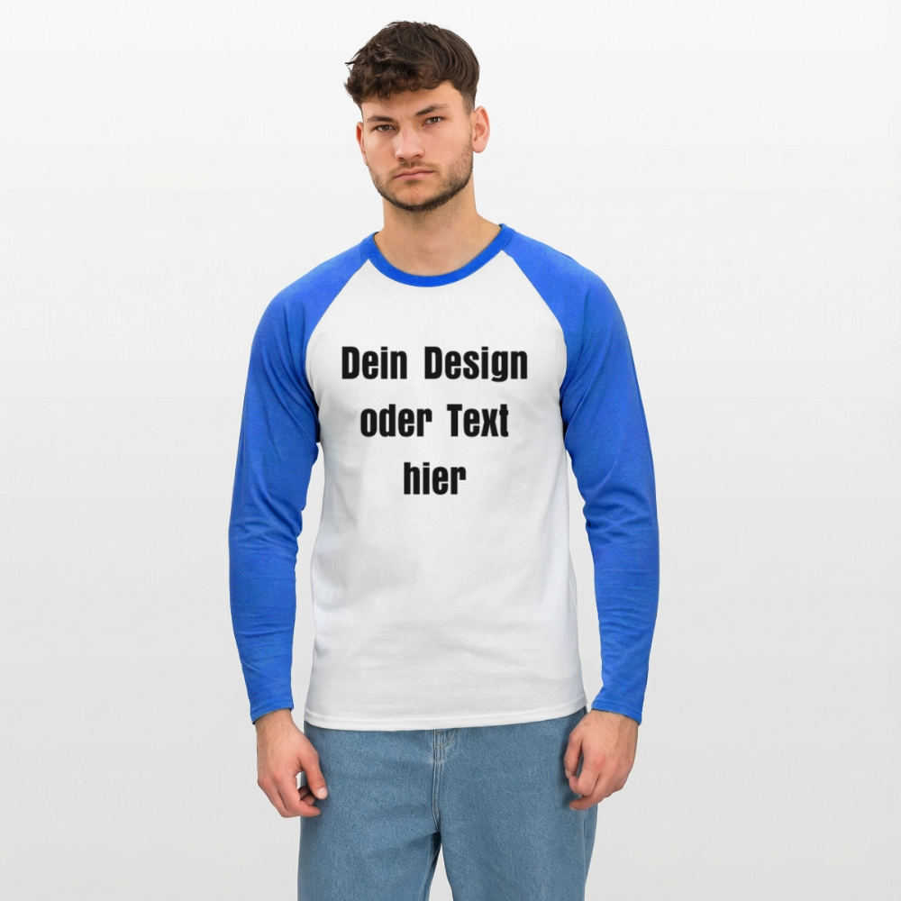 Männer Baseballshirt langarm - personalisierbare Vorder- und Rückseite - Weiß/Royalblau