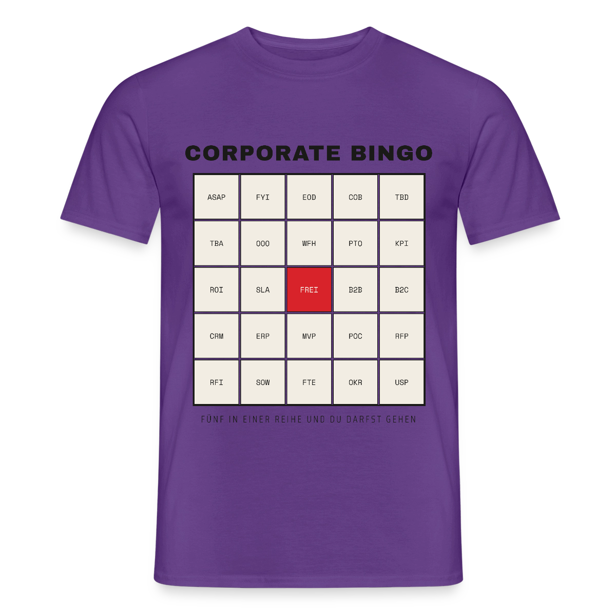 Corporate Bingo. Fünf in einer Reihe. Motiv-T-Shirt für Männer, Farbe Lila
