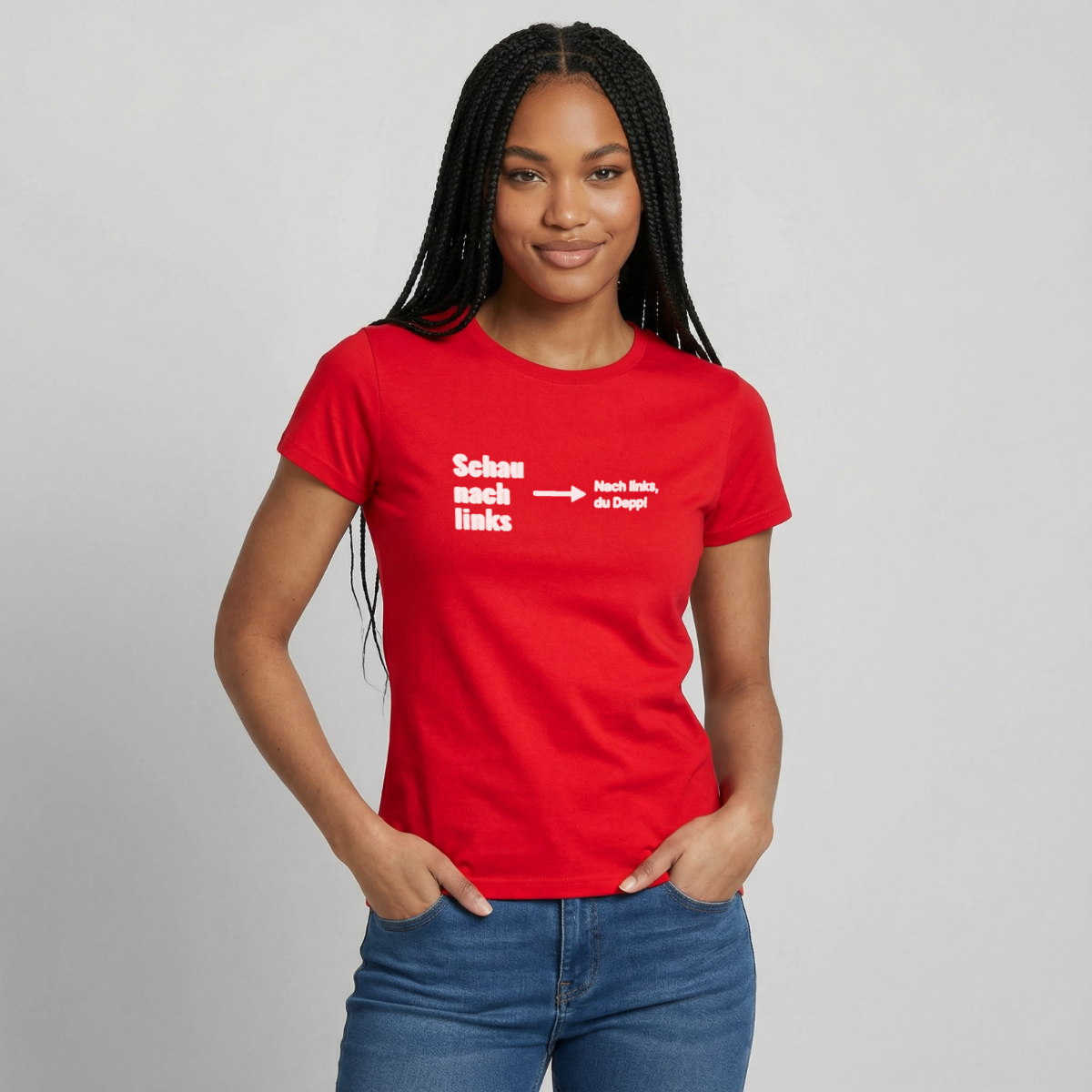 Schau nach links. Motiv-T-Shirt für Frauen, Farbe Rot, Model