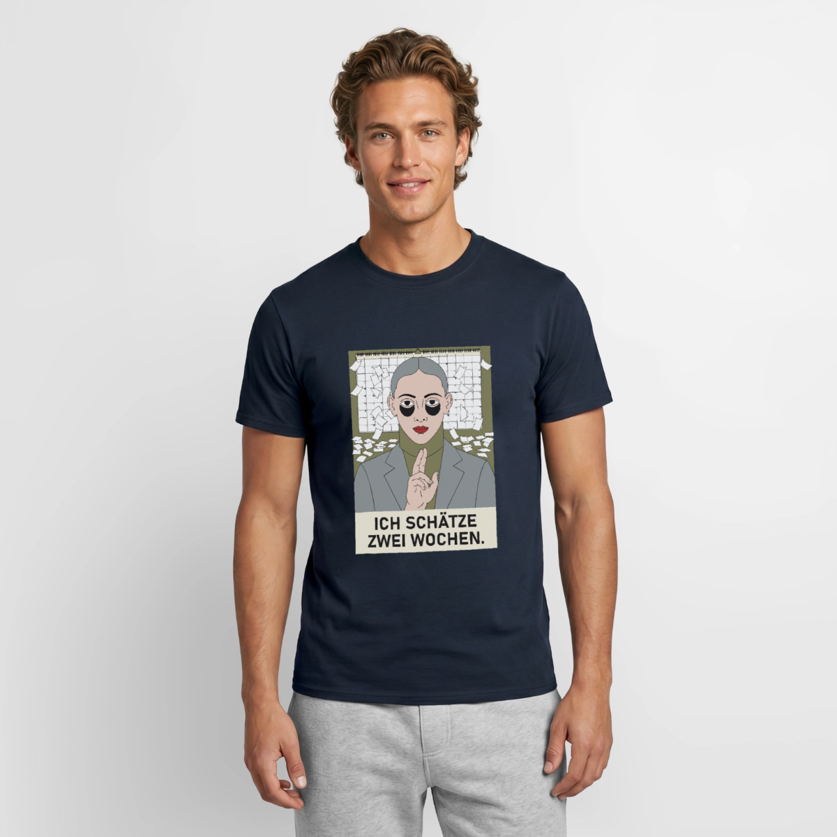 Ich schätze zwei Wochen. Porträt-Motiv Motiv-T-Shirt für Männer, Farbe Navy, Model