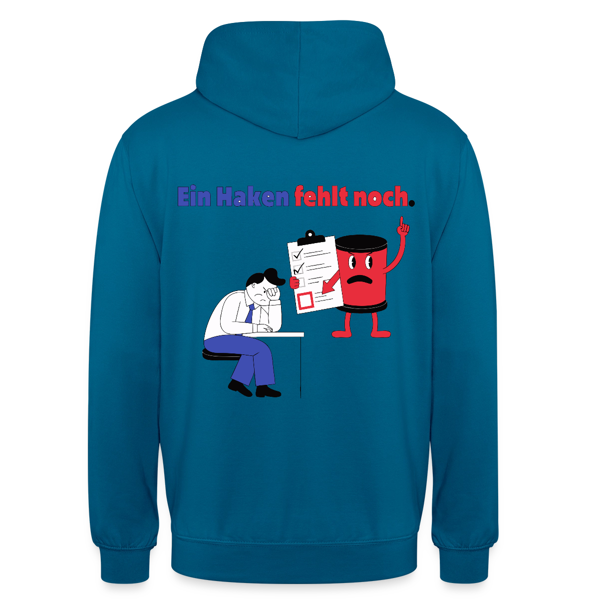 "Ein Haken fehlt noch. Comic-Motiv" Motiv-Hoodie unisex, Farbe Tiefseeblau