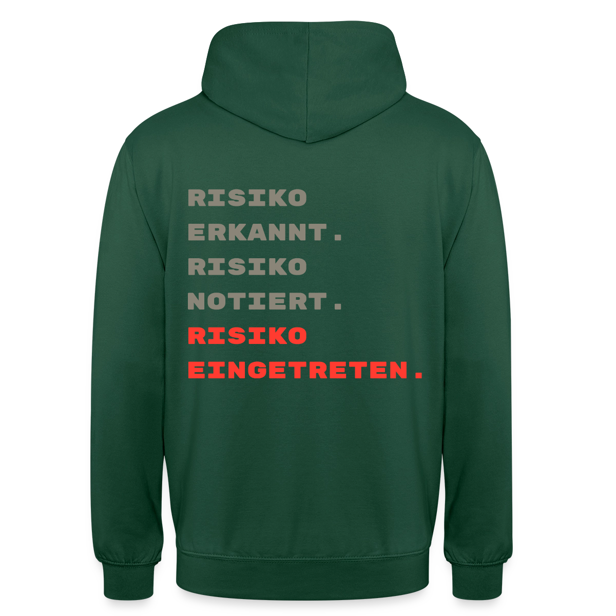 Risiko erkannt. Risiko notiert. Risiko eingetreten. Motiv-Hoodie unisex, Farbe Flaschengrün