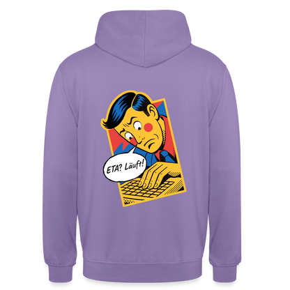 "ETA? Läuft! Popart-Motiv" Motiv-Hoodie unisex, Farbe Lavendel